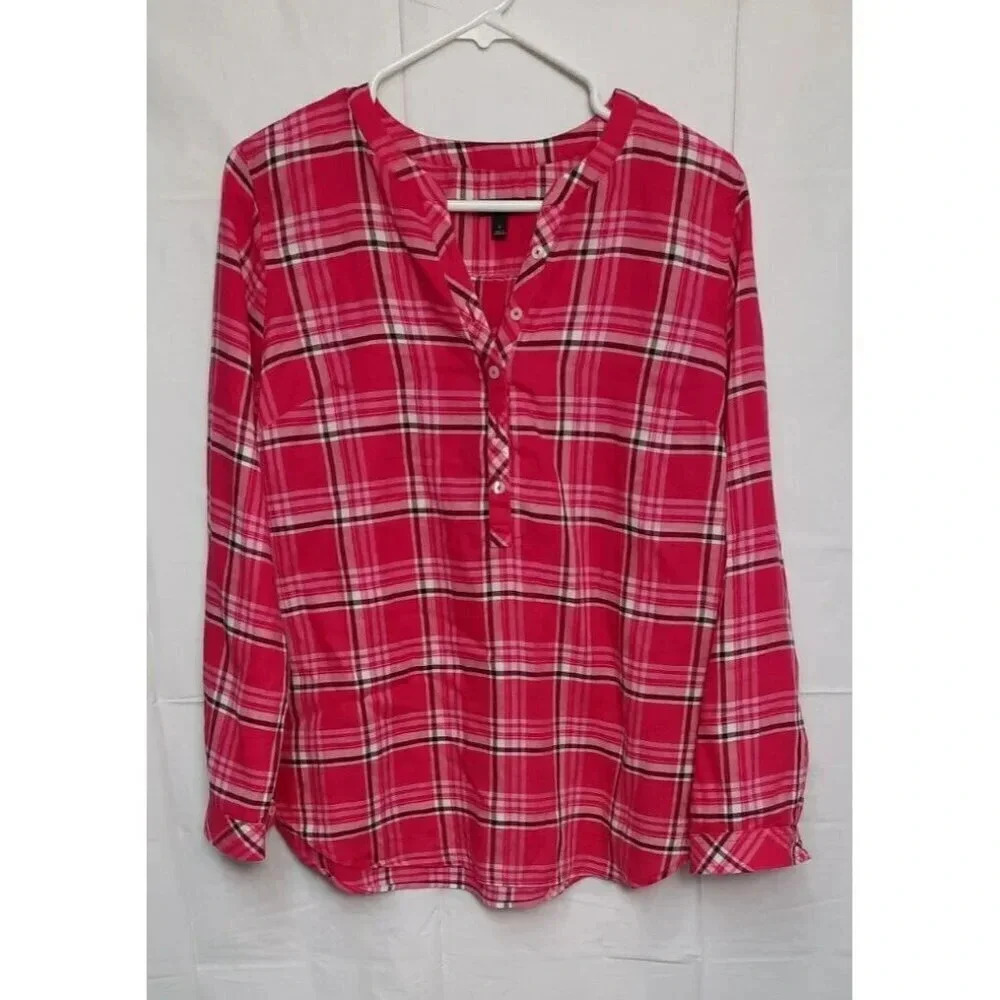 TALBOTS Pink Plaid 1/2 Button Up Long Sleeve Cotton Lightweight Blouse Top Small